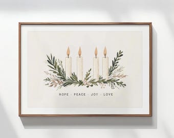 Advent Candles Printable Wall Art: Hope Peace Joy Love, Minimalist Christian Christmas Holiday Decor, Modern Scandinavian Scripture Print