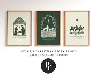 Weihnachtsgeschichte 3er-Set Drucke, Die Krippe: Jesus in einer Krippe, Hirten, Heilige drei Weisen, Minimalistisches Weihnachtsbibel-Versdekor