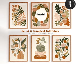 Fall Botanical Wall Art Set of 6: Mid Century Modern Prints, Bauhaus Posters, Matisse Style Autumn Decor, Terracotta Leaves Printable Bundle