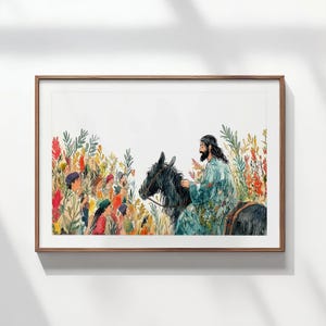 Palm Sunday- Christian Easter Wall Art, Trimuphant entry into Jerusalem, Holly Week Home Decor Print, Jesus on a Donkey Digital Download
