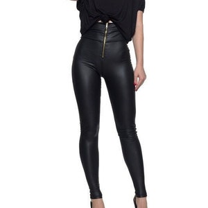 NEW COLLECTION Black Extra Long Leggings / Faux Leather Front