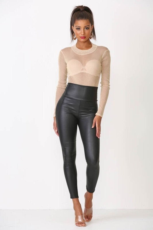 Shiny Black Spandex Leggings With Jeans Back Pockets, by LENA