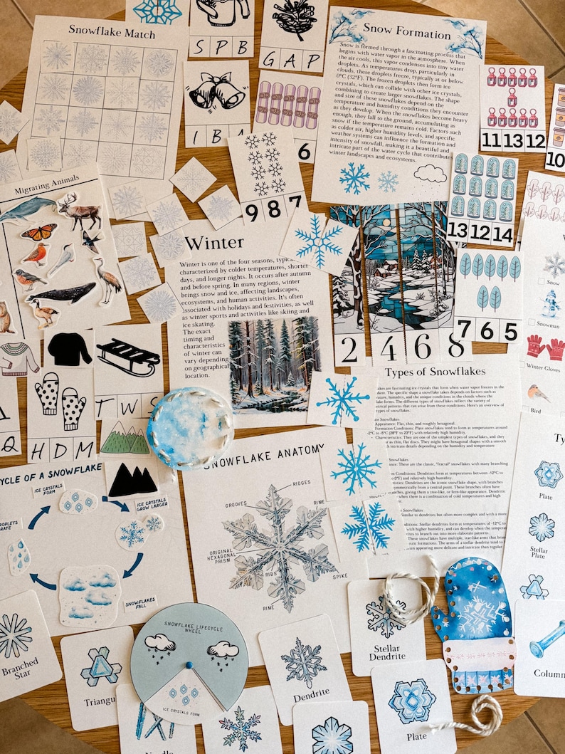 Peut inclure: Ensemble de mat&eacute;riel p&eacute;dagogique sur le th&egrave;me de l'hiver, comprenant des cartes avec des diagrammes de flocons de neige, des illustrations de sc&egrave;nes hivernales et du texte sur la formation de la neige. Sur une surface en bois.