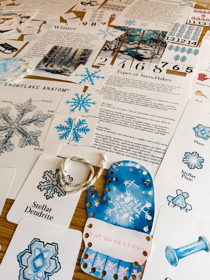 Peut inclure: Un ensemble de cartes &eacute;ducatives et de d&eacute;coupes en papier sur le th&egrave;me de l'hiver. Les cartes pr&eacute;sentent des diagrammes de flocons de neige et les mots "Stellar Dendrite" et "Stellar Plate". Une d&eacute;coupe de moufle bleue avec des motifs de flocons de neige est &eacute;galement pr&eacute;sente.