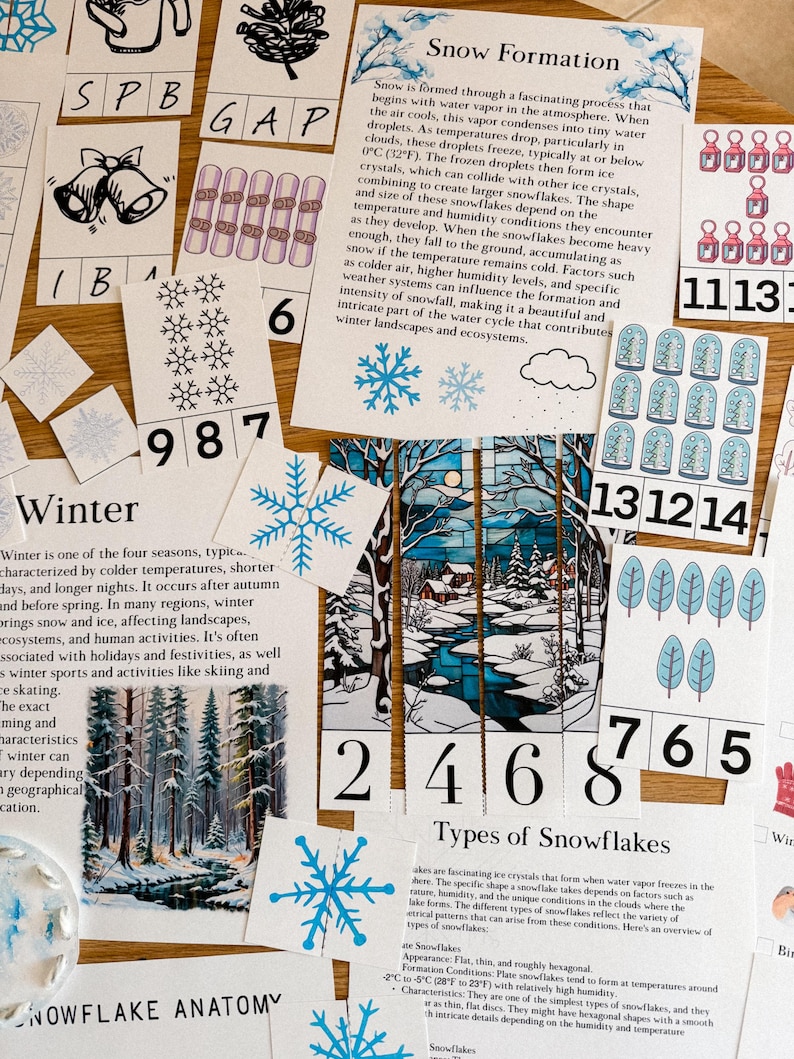 Peut inclure: Des cartes &eacute;ducatives sur l'hiver et les flocons de neige sont dispos&eacute;es sur une surface en bois. Les cartes pr&eacute;sentent des illustrations de flocons de neige, de sc&egrave;nes d'hiver et du texte d&eacute;crivant la formation de la neige et les types de flocons de neige.