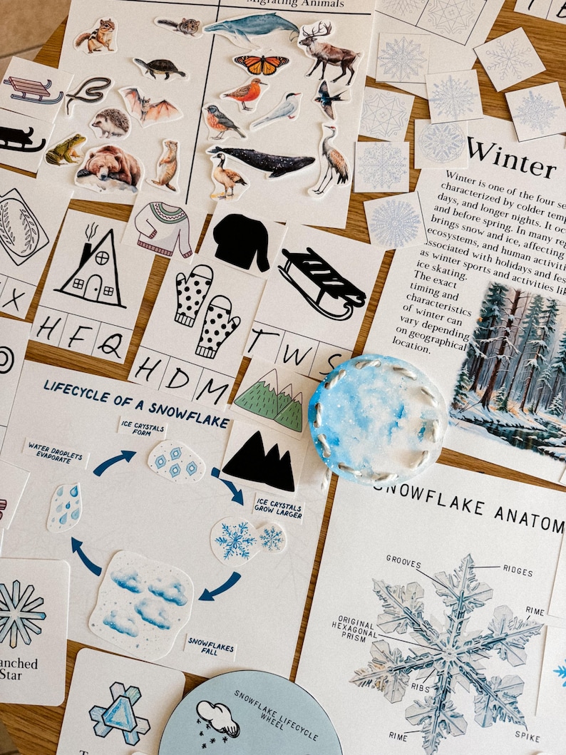 Peut inclure: Ensemble de mat&eacute;riel &eacute;ducatif sur le th&egrave;me de l'hiver, comprenant des autocollants d'animaux, des diagrammes de flocons de neige et une description textuelle de l'hiver. Les illustrations pr&eacute;sentent des animaux, des flocons de neige et des activit&eacute;s hivernales.