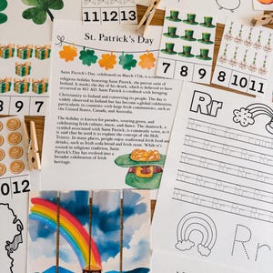 May include: A set of printable St. Patrick's Day educational worksheets for kids. The worksheets feature a rainbow, a leprechaun anatomy diagram, and a page for practicing the letter 'R'.
