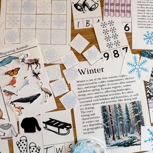 Peut inclure: Un ensemble de mat&eacute;riel p&eacute;dagogique sur le th&egrave;me de l'hiver, comprenant un jeu d'association de flocons de neige, des cartes avec des flocons de neige et des illustrations d'activit&eacute;s hivernales. L'image contient &eacute;galement du texte sur l'hiver et les animaux migrateurs.