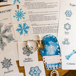 Peut inclure: Ensemble de cartes &eacute;ducatives et un ornement bleu en forme de mitaine avec des illustrations de flocons de neige. Les cartes pr&eacute;sentent diff&eacute;rents types de flocons de neige, comme "Plate" et "Stellar Dendrite", avec du texte descriptif. Une ficelle blanche est enroul&eacute;e autour des cartes.