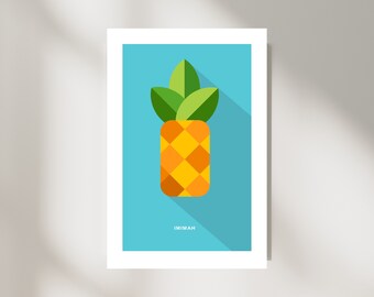May include: A framed art print featuring a geometric pineapple design. The pineapple is composed of orange and yellow diamond shapes with green leaves on a light blue background. The word "IMIMAH" is printed at the bottom.