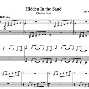 Op de afbeelding: Partituur voor een klarinetduet getiteld "Hidden In the Sand" van Tally H, gearrangeerd door M. Alm. De muziek is geschreven in C-majeur en heeft een tempo van 120 slagen per minuut.