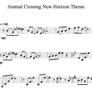 Puede incluir: Partitura musical para el tema de Animal Crossing New Horizon. La música está escrita en clave de sol e incluye notas, sostenidos, bemoles y silencios. El tempo está marcado como 100 pulsaciones por minuto.
