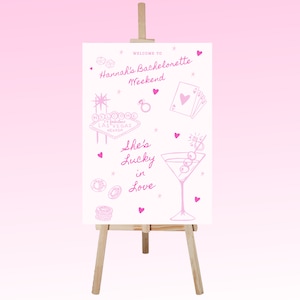 Ella tiene suerte en el amor Signo de bienvenida de Las Vegas / Fiesta de gallinas de Las Vegas / Signo de bienvenida / Plantilla Canva / Dibujado a mano