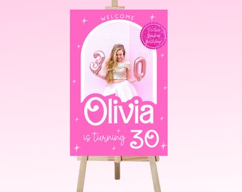 Birthday Welcome Sign | Barb Doll Theme | Canva Template | Birthday Sign | This Doll is Turning 30 Welcome Sign | Pink