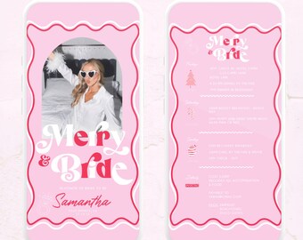 May include: A pink and white mobile phone screen with a Christmas-themed bridal shower invitation. The invitation features a photo of a bride-to-be wearing sunglasses and a white robe. The text on the invitation reads "Merry & Bride" and "In honor of bride to be Samantha".