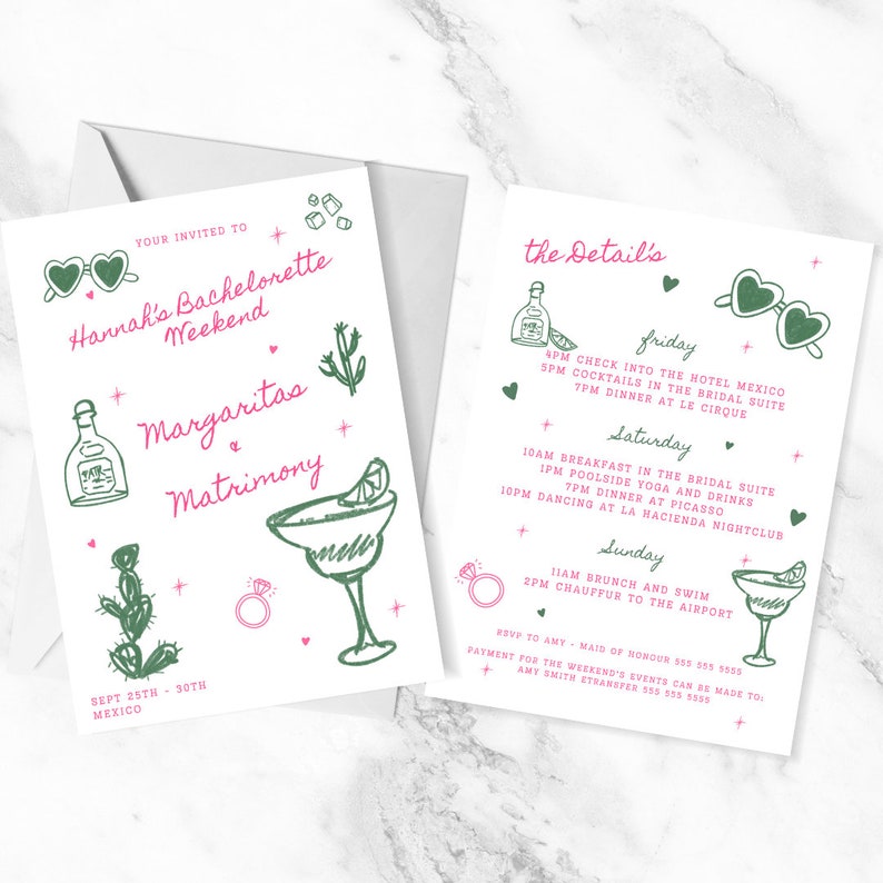 Margarita and Matrimony Hand Drawn Bachelorette Printable Invite Bachelorette Party Margs Before Matrimony Hen Party Canva Template image 1