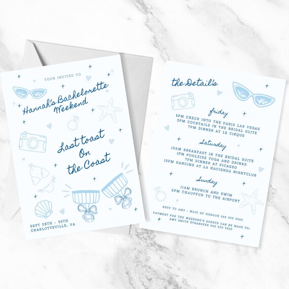 Coastal Bachelorette Invitation: Hand-Drawn Hen Party, Canva Template (Digital Invitation)