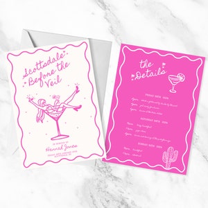 Handgetekende Scottsdale vóór de sluier uitnodiging | Vrijgezellenbord | Roze vrijgezellin | Scottsdale vrijgezel | Kip | Canva-sjabloon