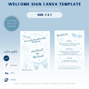 May include: A light blue Canva template welcome sign, size 12.7 x 17.8 cm, for a bachelorette weekend. The design includes sunglasses, a camera, and text that reads "Last Toast on the Coast." The template is customizable and available for instant download.