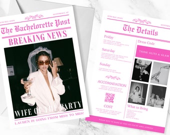 Wife of the Party Vintage Newspaper Bachelorette Invite | Glitz and Glam Bachelorette | Hen Party Invitation | Canva Template |