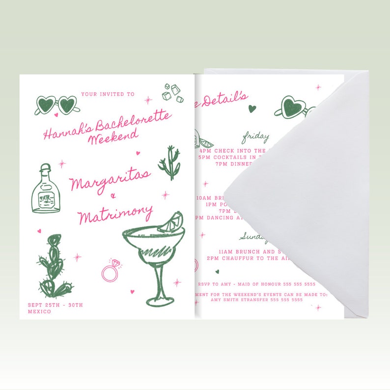 Margarita and Matrimony Hand Drawn Bachelorette Printable Invite Bachelorette Party Margs Before Matrimony Hen Party Canva Template image 3