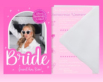 May include: A pink bachelorette party invitation with the text "This Bride found her Ken!" and a photo of a woman wearing heart-shaped sunglasses. The invitation includes event details and a white envelope.