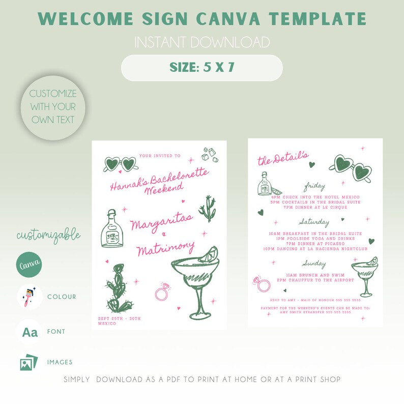 Margarita and Matrimony Hand Drawn Bachelorette Printable Invite Bachelorette Party Margs Before Matrimony Hen Party Canva Template image 2