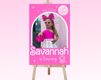 Kids Birthday Welcome Sign | Barb Doll Themed Birthday | Welcome Sign | Canva Template