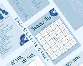 Juegos de despedida de soltera de Mamma Mia: Bingo, Pictionary de emojis (plantilla de Canva)