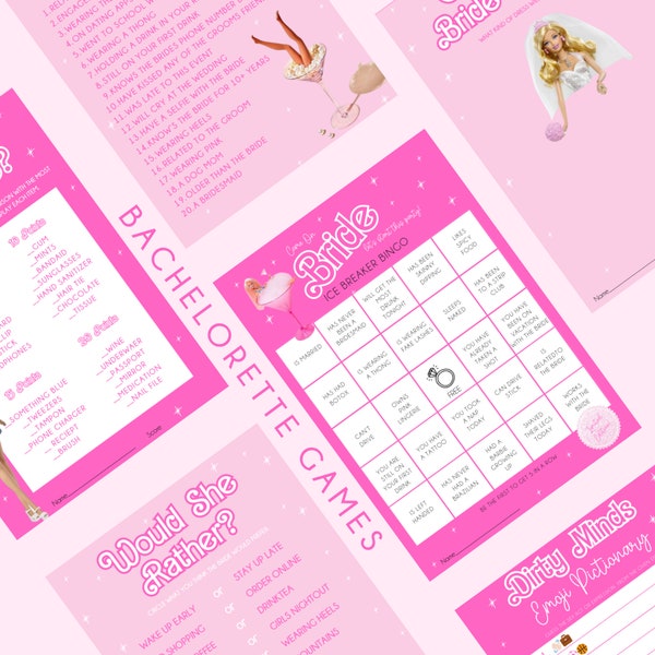 Bachelorette Games | Barb Doll Theme | Fun Shower Games | Pink | Emoji Game | Bachelorette Bingo | Bridal Shower Game | Canva Template