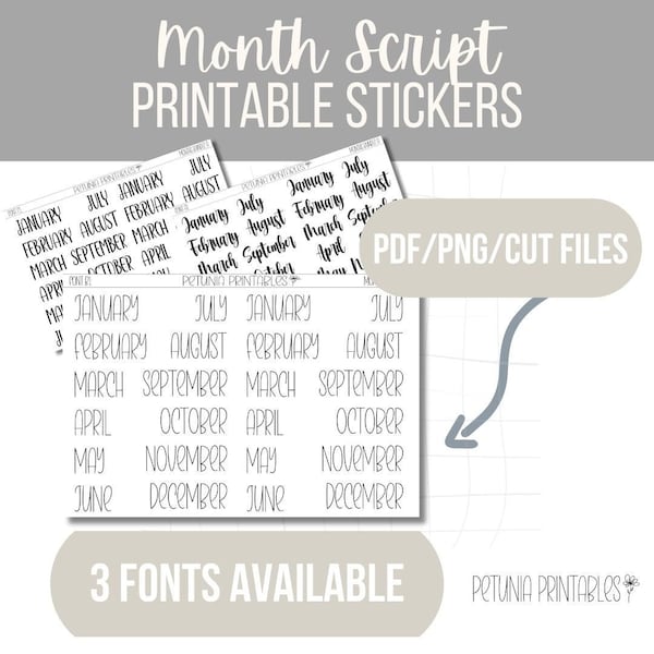 Printable Month Script Stickers | Month Script Stickers | Printable Stickers | Printable Planner | Stickers