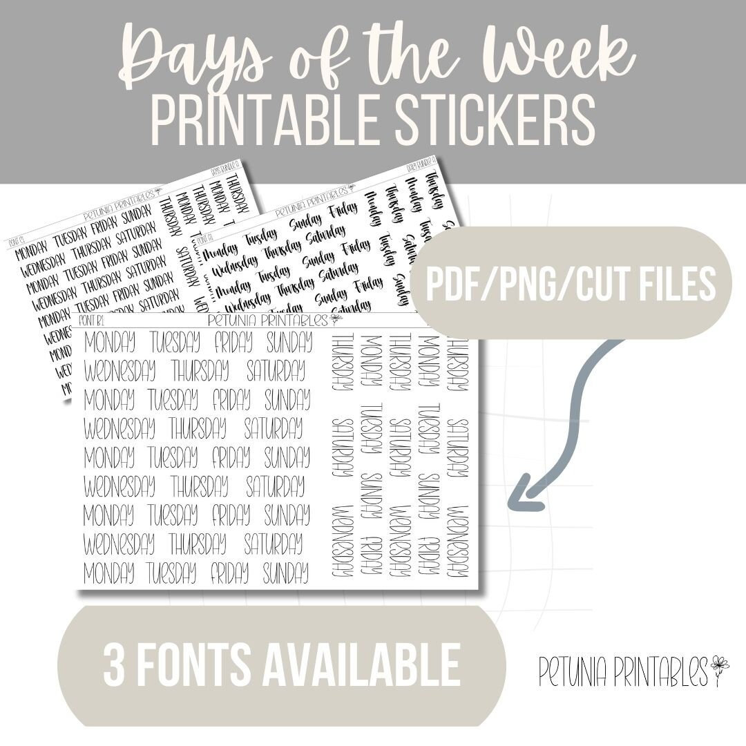 Tage Bullet Journal Aufkleber | Tage Script Stickers | Druckbare Aufkleber | Druckbarer Planer | Aufkleber | Cricut | Silhouette | PDF-Datei