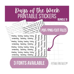 Printable Days Script Stickers | Days Script Stickers | Printable Stickers | Printable Planner | Stickers | Cricut | Silhouette | PDF