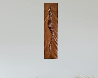 Crocodile Wall Art – Oak Wood Panel with Carved Details