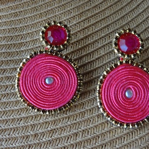 Hot Pink Boho Soutache earrings, Handmade  statment earrings, wedding elegant earrings, Soutache Handmade Earring