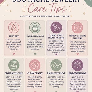 Pode incluir: Uma infografia informativa intitulada Crafty Moka Handmade Soutache Jewelry Care Tips. Apresenta oito caixas de cores pastel com &iacute;cones e instru&ccedil;&otilde;es de texto sobre como manter as joias secas, evitar produtos qu&iacute;micos e manuse&aacute;-las com cuidado.