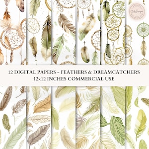 Olive and Beige Feather Dreamcatcher Boho Watercolor Seamless Digital Papers, Boho Scrapbook Paper, Boho Backgrounds, Commercial Use