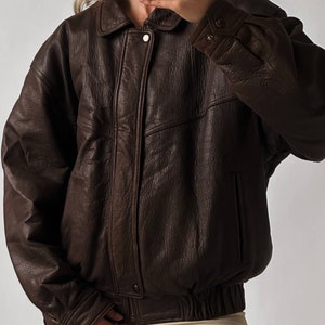 Blouson aviateur marron pour femme en cuir véritable fait main - Blouson en cuir surdimensionné vintage en cuir d'agneau - Cadeau parfait pour femme
