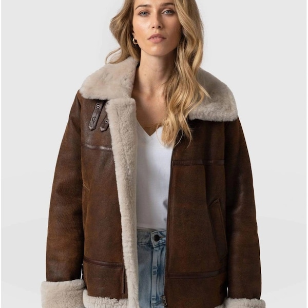 Giacca da aviatore da donna, giacca bomber in pelliccia di shearling, giacca da aviatore Sherpa, giacca in pelle fatta a mano, giacca con cerniera da donna, regalo di San Valentino