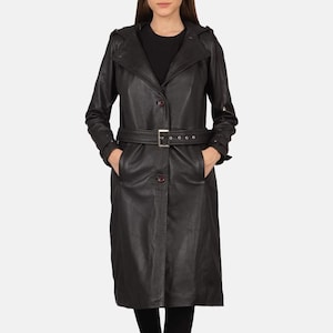 Trench noir en cuir véritable - Pardessus doux et long, Vêtement d'extérieur de luxe, cadeau de Noël Vêtement d'extérieur de luxe élégant Veste d'hiver