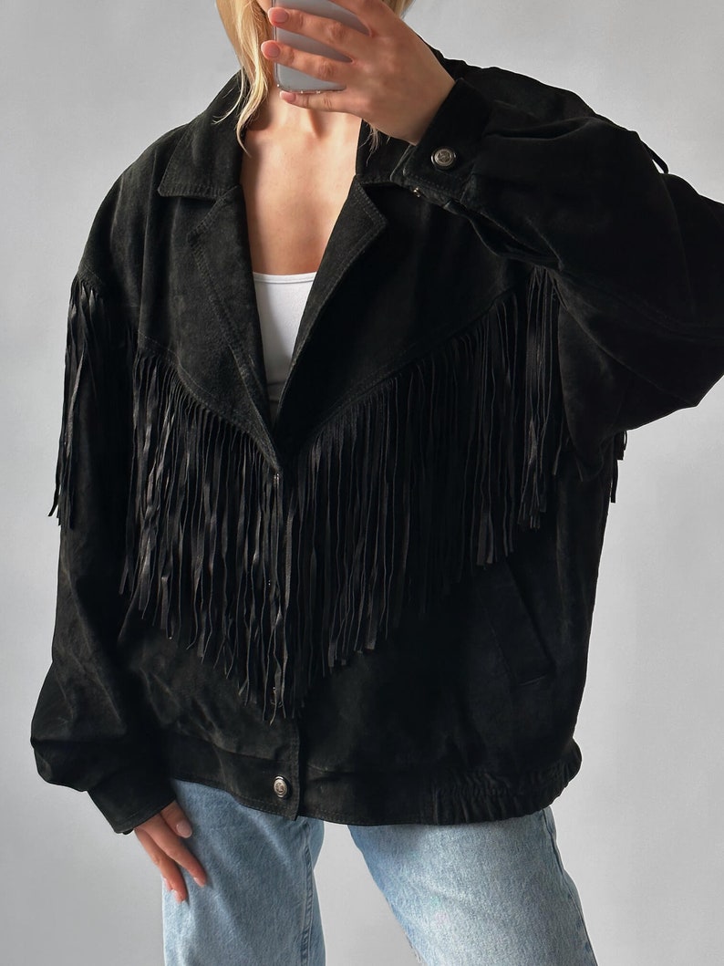 Women's Vintage Fringe Leather Jacket, Black Suede Leather Jacket, Ladies Leather jacket, Fringe Jacket,Ladies oversized leather jacket,Gift image 2