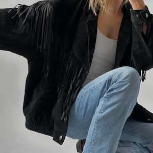 Women's Vintage Fringe Leather Jacket, Black Suede Leather Jacket, Ladies Leather jacket, Fringe Jacket,Ladies oversized leather jacket,Gift image 5