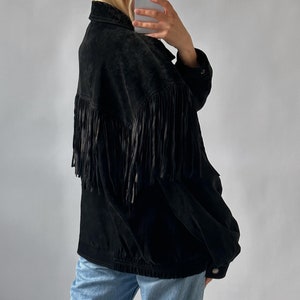 Women's Vintage Fringe Leather Jacket, Black Suede Leather Jacket, Ladies Leather jacket, Fringe Jacket,Ladies oversized leather jacket,Gift image 3