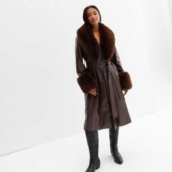 Women's Genuine Leather Coat with Fur Collar and Cuffs / Fur Coat / Fur Leather Jacket For Women / Christmas Gift / Personalized Easter Gits