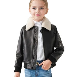 Kids Black Bomber Leather Jacket ,Kids Fur Jacket, Children Winter Jacket, Winter Jacket, Leather Jacket Fur Collar, Kid Gift, Easter Gifts image 1