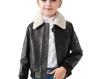 Kids Black Bomber Leather Jacket ,Kids Fur Jacket, Children Winter Jacket, Winter Jacket, Leather Jacket Fur Collar, Kid Gift, Easter Gifts