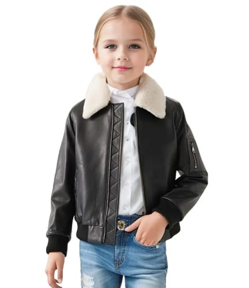 Kids Black Bomber Leather Jacket ,Kids Fur Jacket, Children Winter Jacket, Winter Jacket, Leather Jacket Fur Collar, Kid Gift, Easter Gifts image 1