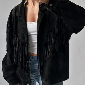 Women's Vintage Fringe Leather Jacket, Black Suede Leather Jacket, Ladies Leather jacket, Fringe Jacket,Ladies oversized leather jacket,Gift image 4