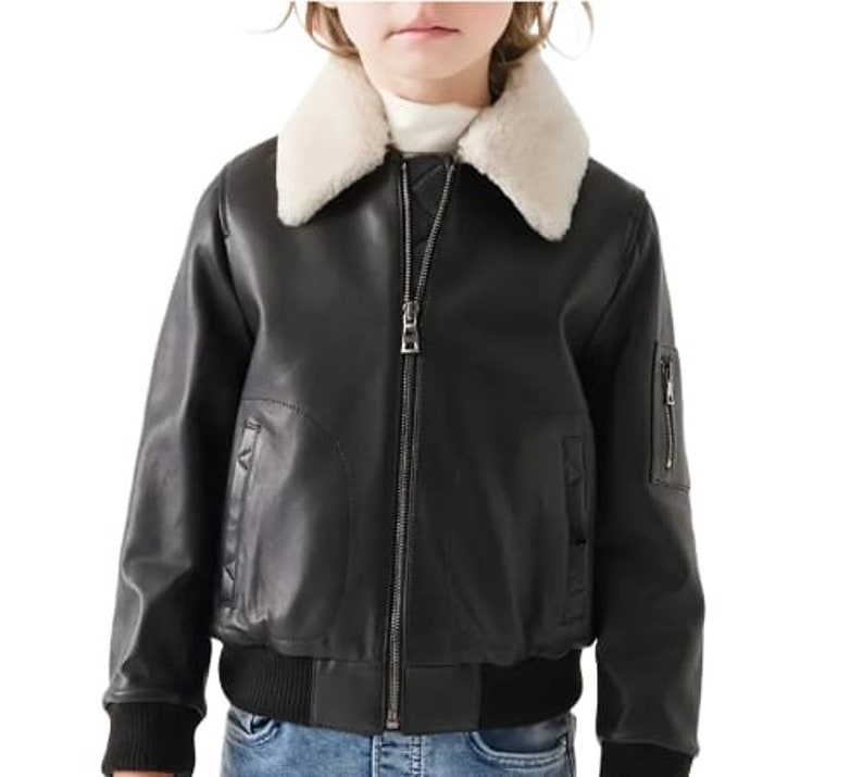 Kids Black Bomber Leather Jacket ,Kids Fur Jacket, Children Winter Jacket, Winter Jacket, Leather Jacket Fur Collar, Kid Gift, Easter Gifts image 4