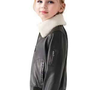 Kids Black Bomber Leather Jacket ,Kids Fur Jacket, Children Winter Jacket, Winter Jacket, Leather Jacket Fur Collar, Kid Gift, Easter Gifts image 3